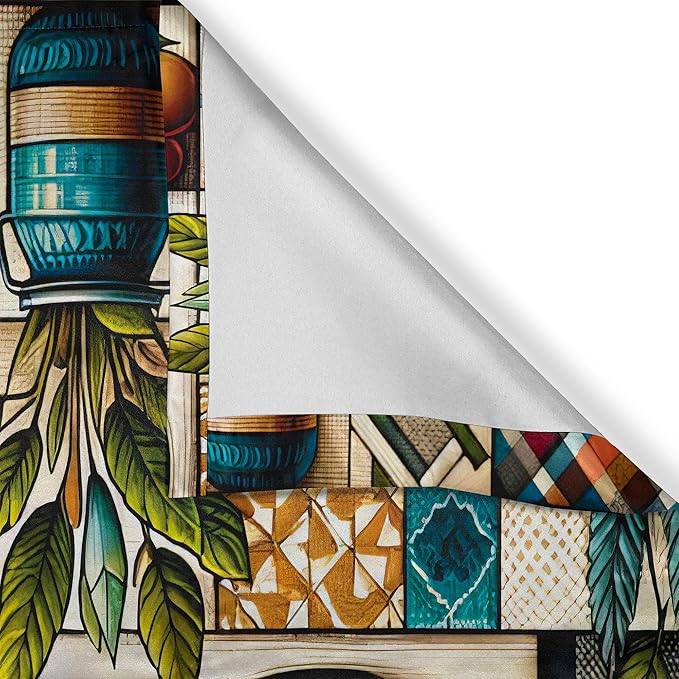 Ambesonne Bohemian Window Valance Pack of 2, Checkered Design Leafy Jar Illustration with Groovy Plaid Boho Modern, Rod Pocket Curtain Valances Kitchen Bedroom, 42" X 18",Teal Pink and Green