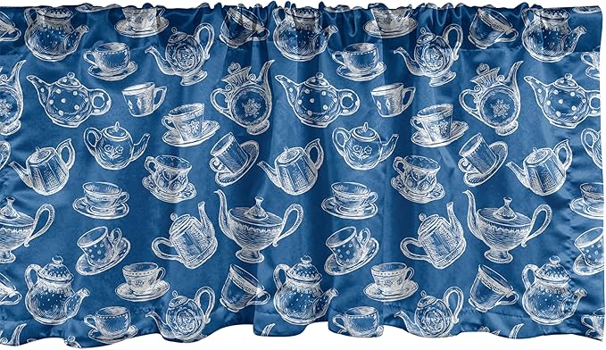 Ambesonne Teapot Window Valance Pack of 2, Rhythmic Engraving Sketch Style Dotted Pots Tea Vintage Cups Pattern, Rod Pocket Curtain Valances for Kitchen Bedroom, 42" X 18", Cobalt Blue and White