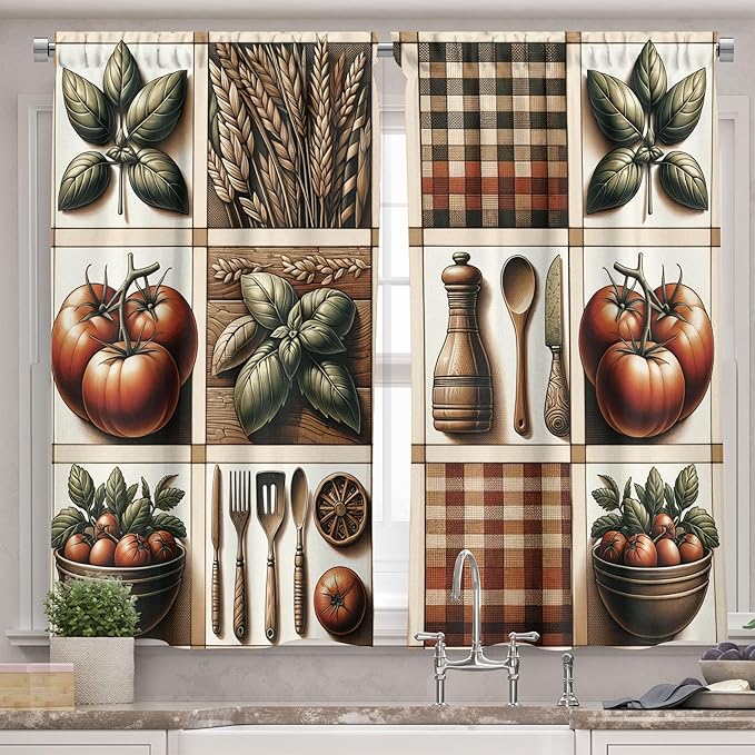 Ambesonne Vintage Valance & Tier Curtain 3 pcs Set, Tomato Checkered Gingham Squares Food Art Leaf Details Cozy Cottagecore, Window Treatments for Kitchen Room Decor, 55" x 45", Paprika Rust and Green