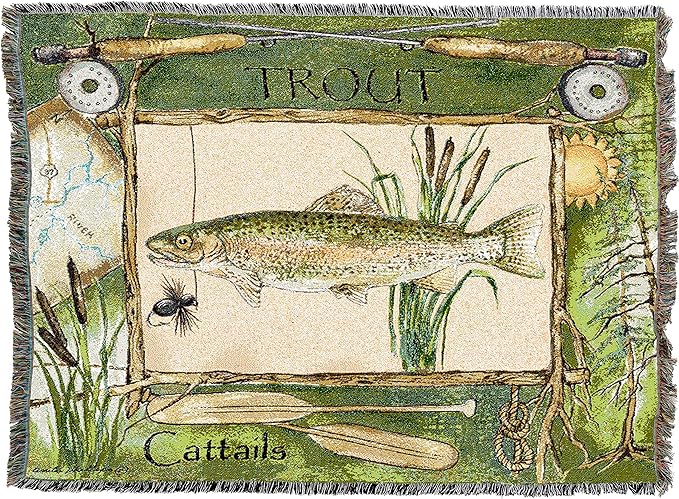 Pure Country Weavers Fisherman's Catch Trout Blanket by Anita Phillips - Lake Lodge Cabin Gift Tapestry Throw Woven from Cotton - Made in The USA (72x54)
