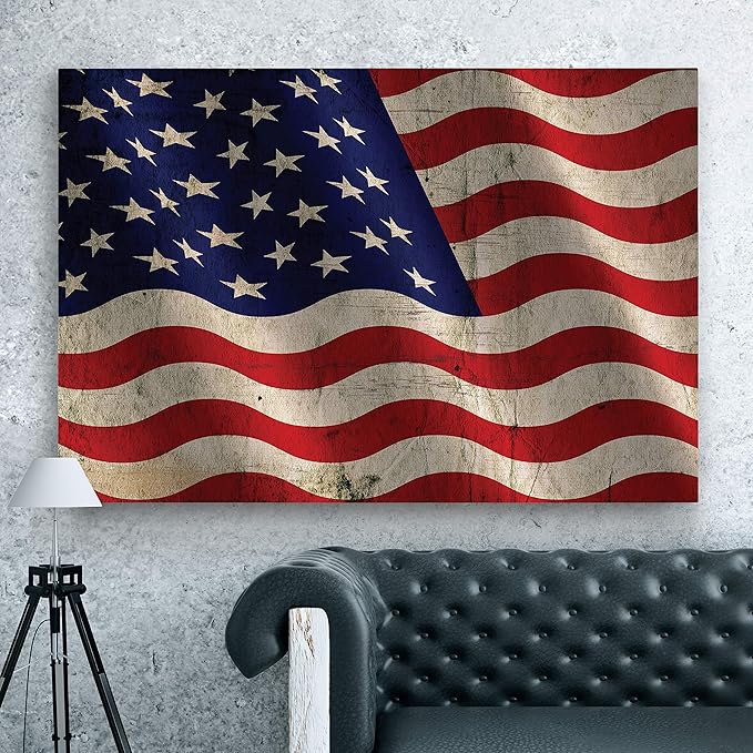 Renditions Gallery Canvas Nationalistic Wall Art Home Paintings & Prints Artwork Waving American Flag Modern Patriotic Canvas Pride Decorations for Bedroom Office Kitchen - 16"x20" LT25