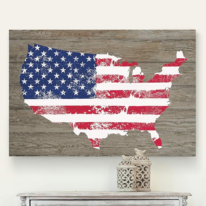 Renditions Gallery Canvas Nationalist Wall Art Home Paintings & Prints Artwork Vintage American Faded Map Modern Patriotic Canvas Pride Decorations for Bedroom Office Kitchen - 24"x32" LT25