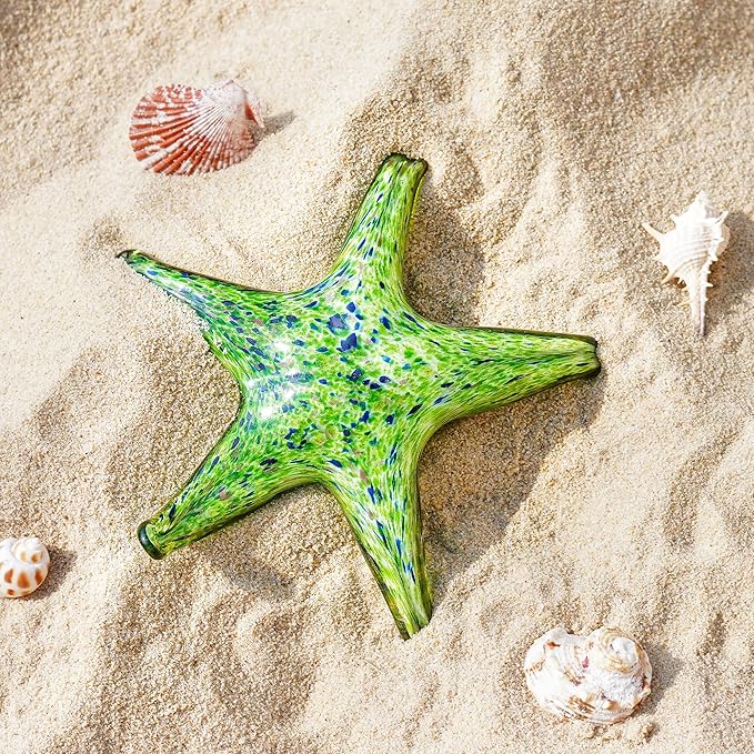 QFkris 7.8" Hand Blown Glass Starfish Figurines, Glass Sea Life Animal Ornaments for Home Decor, Star Fish Paperweight for Office Deck, for Mom Women