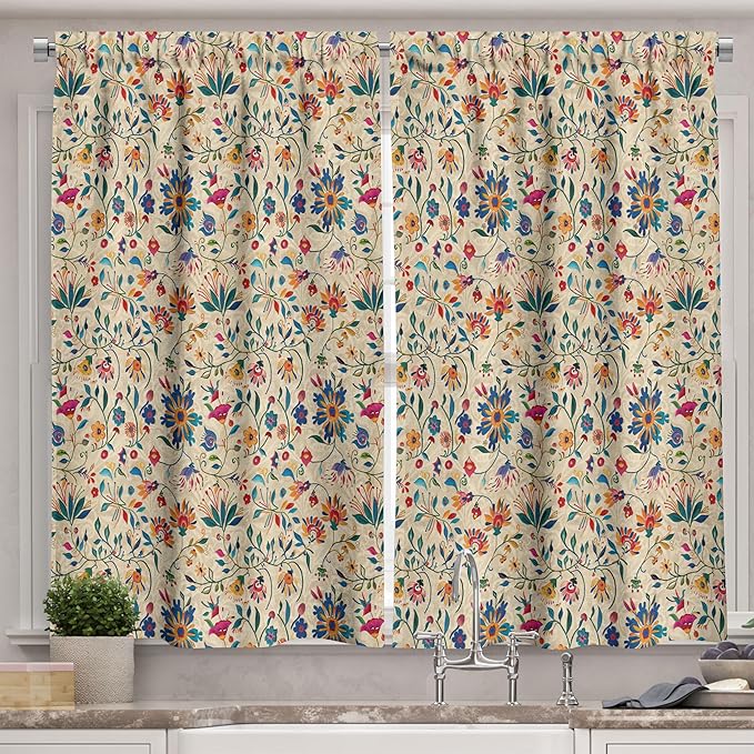 Ambesonne Balkan Folk Long Kitchen Curtains, Fun Traditional Balkan and Slavic Craft Floral Folklore Style Print, 2 Panel Set Drapes with Rod Pocket Room Decor, 55" x 45", Blue Orange Multicolor