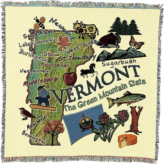 Pure Country Weavers State of Vermont Lap Square Blanket - Gift Tapestry Blanket Throw Woven from Cotton - Made in The USA (54x54)