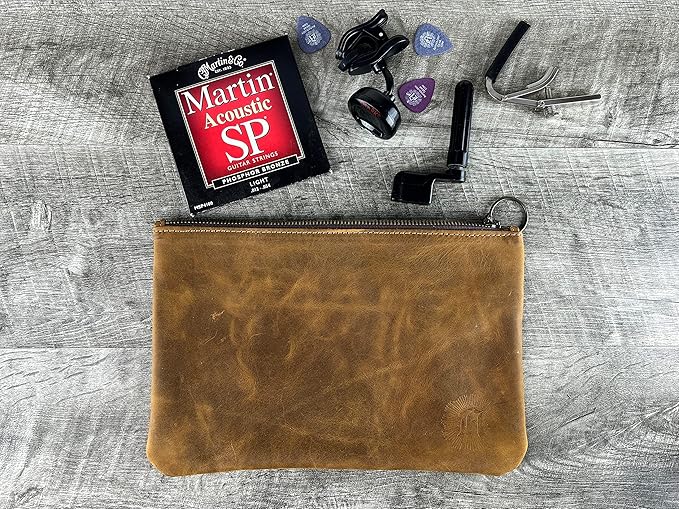 Leather Pouch with Zipper (Carbon Black, 10.5" x 7")