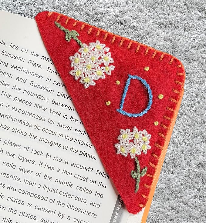 Personalized Hand Embroidered Corner Bookmark, Cute Flower Book Mark, Hand Stitch Gift for Women Book Lovers by HNQCPCVU (D, RED)