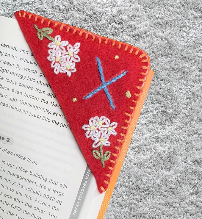 Personalized Hand Embroidered Corner Bookmark, Cute Flower Book Mark, Hand Stitch Gift for Women Book Lovers by HNQCPCVU (X, RED)