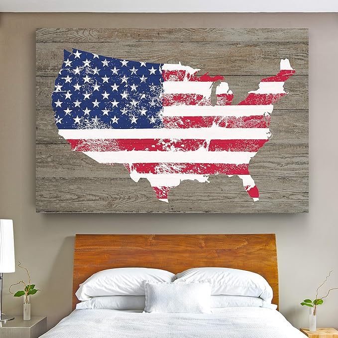Renditions Gallery Canvas Nationalist Wall Art Home Paintings & Prints Artwork Vintage American Faded Map Modern Patriotic Canvas Pride Decorations for Bedroom Office Kitchen - 24"x32" LT25