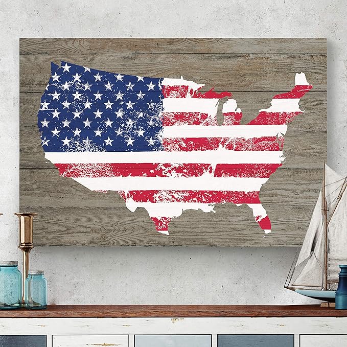 Renditions Gallery Canvas Nationalist Wall Art Home Paintings & Prints Artwork Vintage American Faded Map Modern Patriotic Canvas Pride Decorations for Bedroom Office Kitchen - 24"x32" LT25