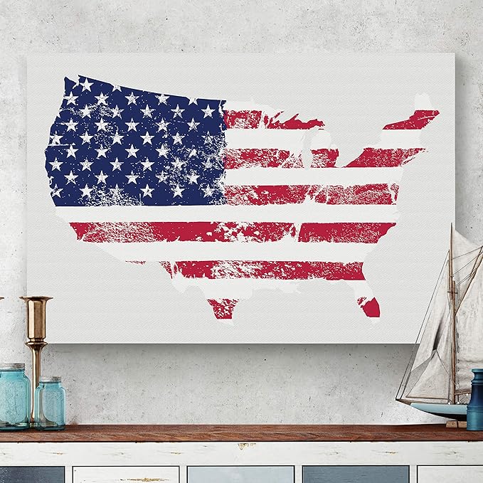 Renditions Gallery Canvas Patriotic Wall Art Home Paintings & Prints Vintage Faded American Flag Glam Modern White American Map Decorations for Bedroom Office Kitchen - 36"x48" LT25
