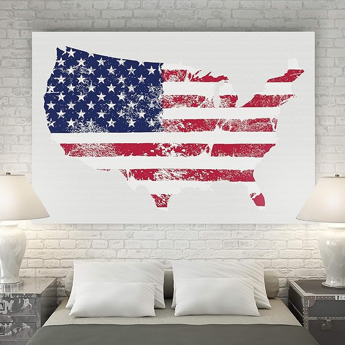 Renditions Gallery Canvas Patriotic Wall Art Home Paintings & Prints Vintage Faded American Flag Glam Modern White American Map Decorations for Bedroom Office Kitchen - 30"x40" LT25