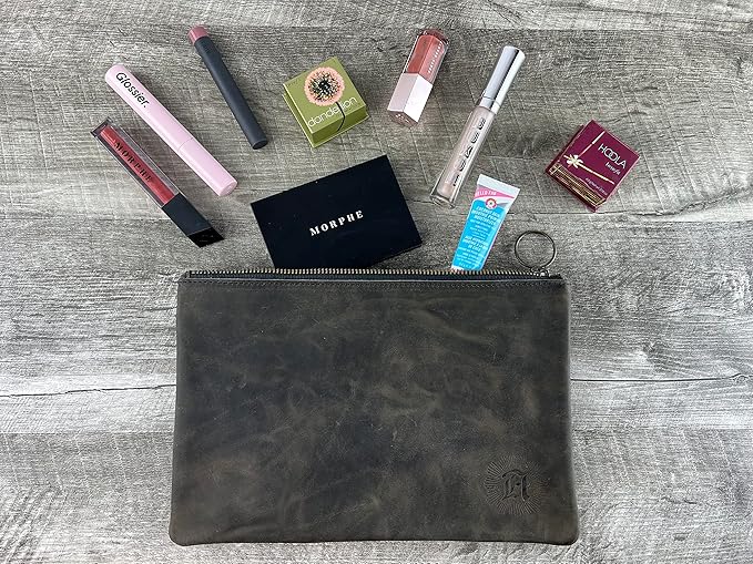 Leather Pouch with Zipper (Carbon Black, 10.5" x 7")