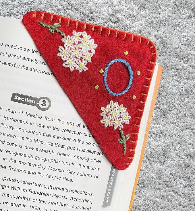 Personalized Hand Embroidered Corner Bookmark, Cute Flower Book Mark, Hand Stitch Gift for Women Book Lovers by HNQCPCVU (O, RED)
