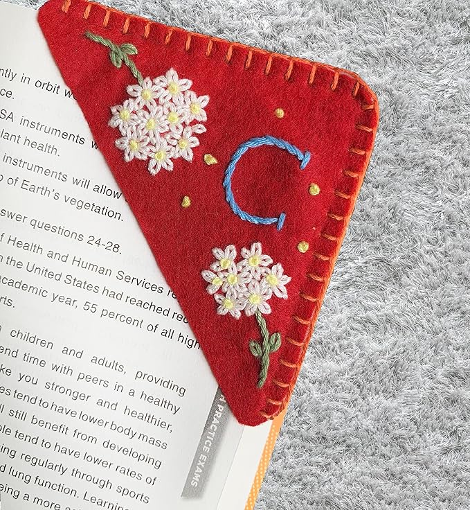 Personalized Hand Embroidered Corner Bookmark, Cute Flower Book Mark, Hand Stitch Gift for Women Book Lovers by HNQCPCVU (C, RED)