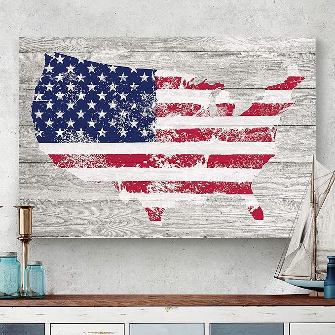 Renditions Gallery Canvas Patriotic Wall Art Home Paintings & Prints Faded Vintage American Flag Rustic Nationalistic Canvas Pride Decorations for Bedroom Office Kitchen - 16"x20" LT25