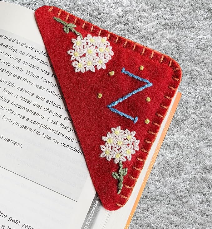 Personalized Hand Embroidered Corner Bookmark, Cute Flower Book Mark, Hand Stitch Gift for Women Book Lovers by HNQCPCVU (Z, RED)