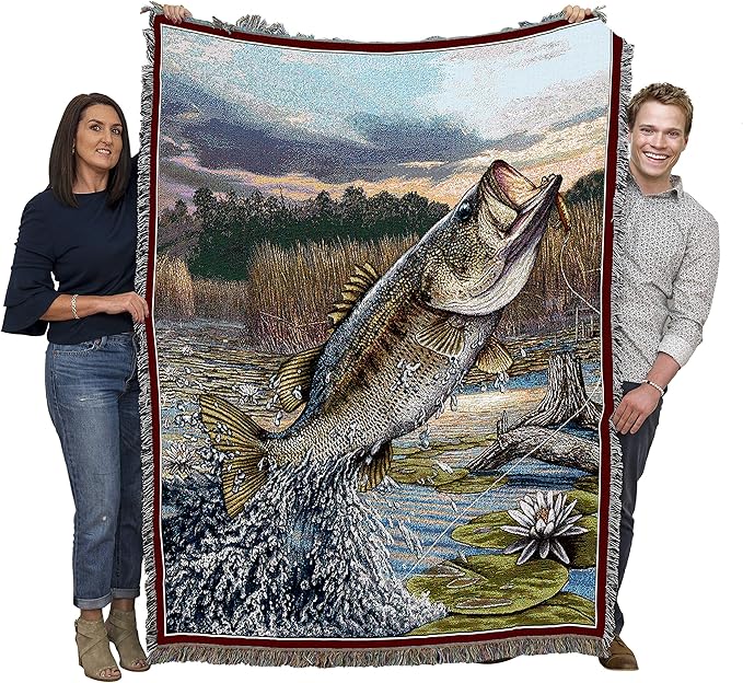 Pure Country Weavers First Strike Bass Blanket - Lake Wildlife Lodge Cabin Gift Tapestry Throw Woven from Cotton - Made in The USA (72x54)