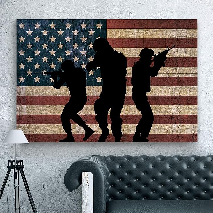Renditions Gallery Military Canvas Wall Art Home Paintings Artwork American Patriotic Marines Modern Black Veteran Flag Wall Hanging for Bedroom Office Kitchen Prints - 24"x32" LT25