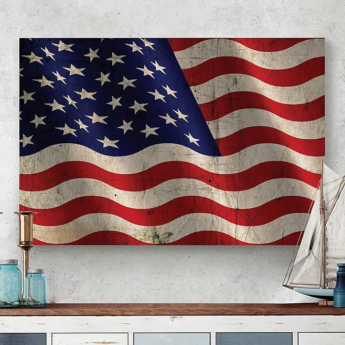 Renditions Gallery Canvas Nationalistic Wall Art Home Paintings & Prints Artwork Waving American Flag Modern Patriotic Canvas Pride Decorations for Bedroom Office Kitchen - 24"x32" LT25