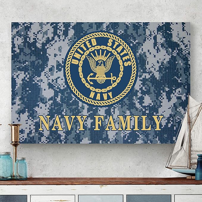 Renditions Gallery Nature Military Wall Art Home Paintings & Prints Artwork Blue Gold Navy Emblem Glam Patriotic American Canvas Decorations for Bedroom Office Kitchen - 30"x40" LT25