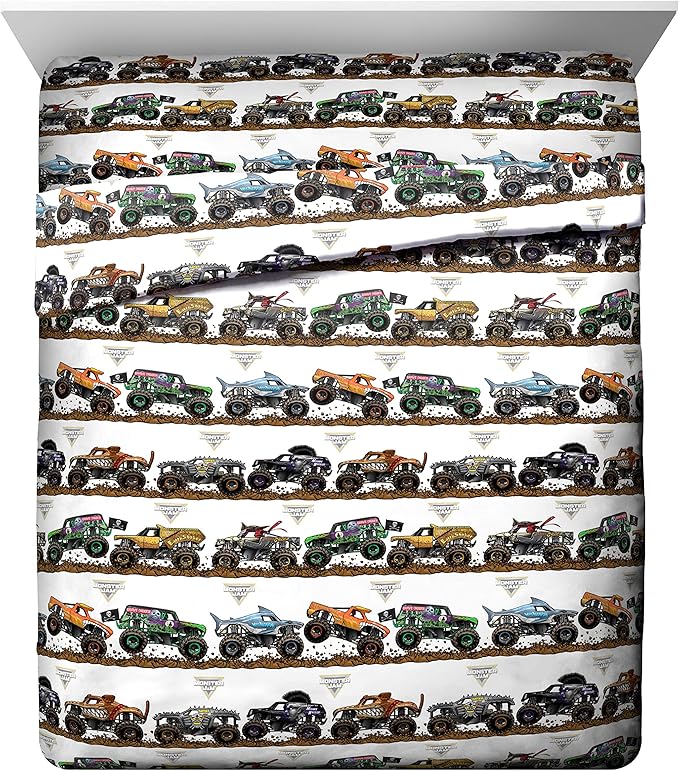 Jay Franco Monster Jam 5 Piece Queen Bed Set - Includes Comforter & Sheet Set - Grave Digger & Megalodon - Super Soft Fade Resistant Microfiber
