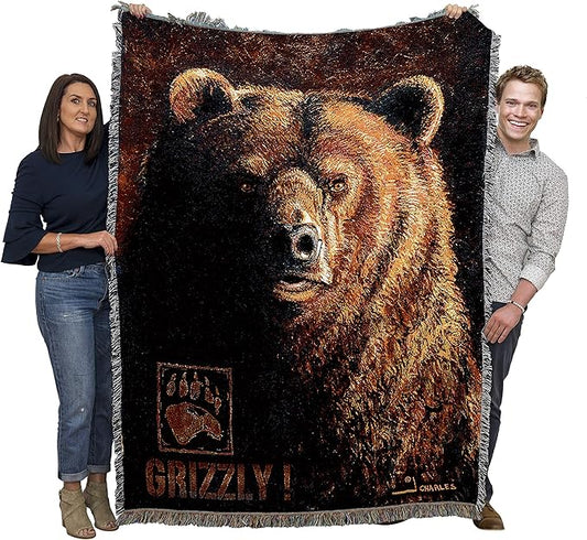 Pure Country Weavers Shadow Beast Grizzly Bear Blanket by Greg Giordano - Wildlife Lodge Cabin Gift Tapestry Throw Woven from Cotton - Made in The USA (72x54)