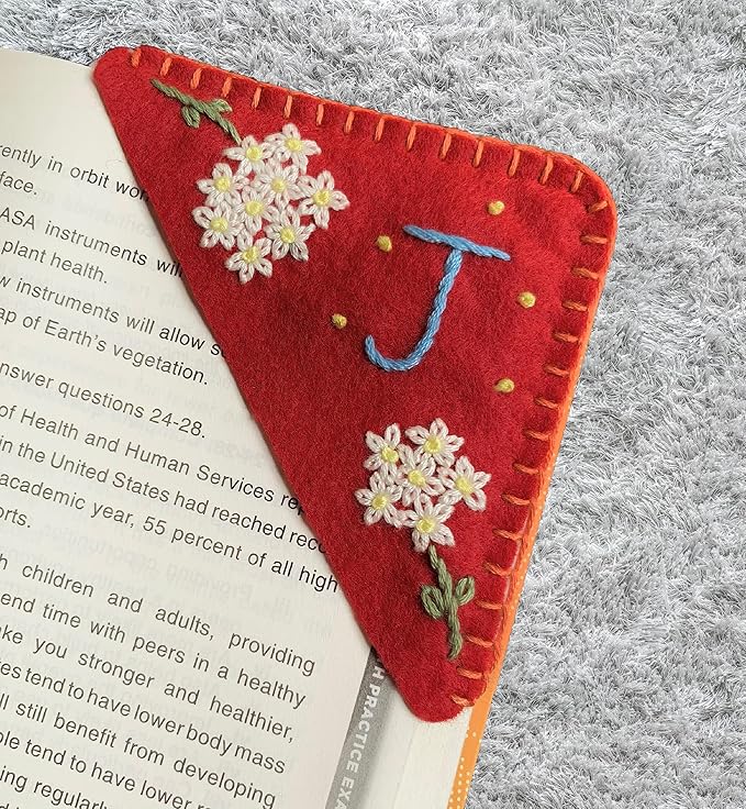 Personalized Hand Embroidered Corner Bookmark, Cute Flower Book Mark, Hand Stitch Gift for Women Book Lovers by HNQCPCVU (J, RED)