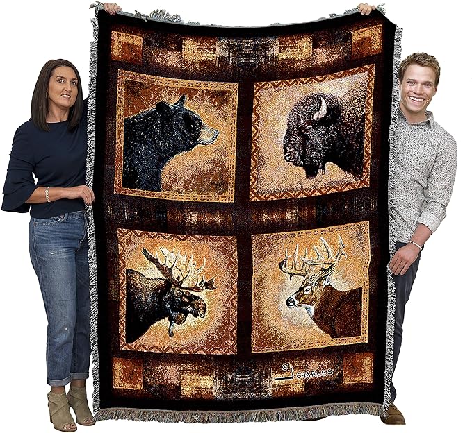 Pure Country Weavers Big Game Heads Blanket by Greg Giordano - Bear Bison Elk Deer Wildlife Lodge Cabin Gift Tapestry Throw Woven from Cotton - Made in The USA (72x54)