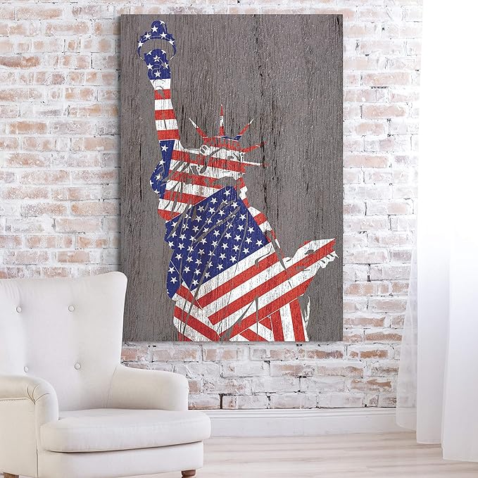 Renditions Gallery Canvas Wall Art Home Paintings & Prints Artwork Flag Draped Liberty Statue Glam Patriotic Modern Wall Hanging Decorations for Dining Room Office Kitchen - 16"x20" LT25