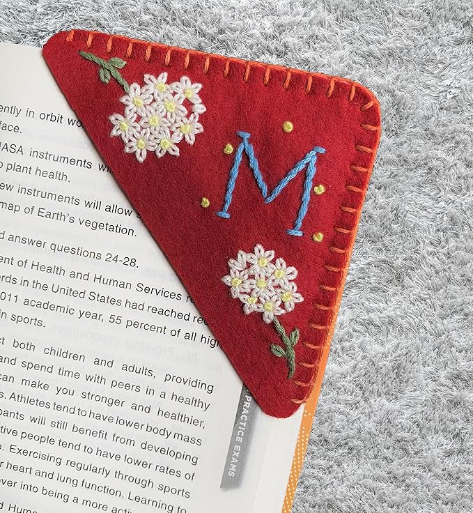 Personalized Hand Embroidered Corner Bookmark, Bookmarks for Women, Personalized Bookmark for Books, Cute Flower Book Mark, Hand Stitch Gift for Women for Book Lovers by HNQCPCVU (M, RED)