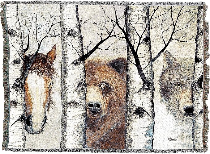 Pure Country Weavers Trio Horse Bear Wolf Blanket by John Saunders - Wildlife Lodge Cabin Gift Tapestry Throw Woven from Cotton - Made in The USA (72x54)
