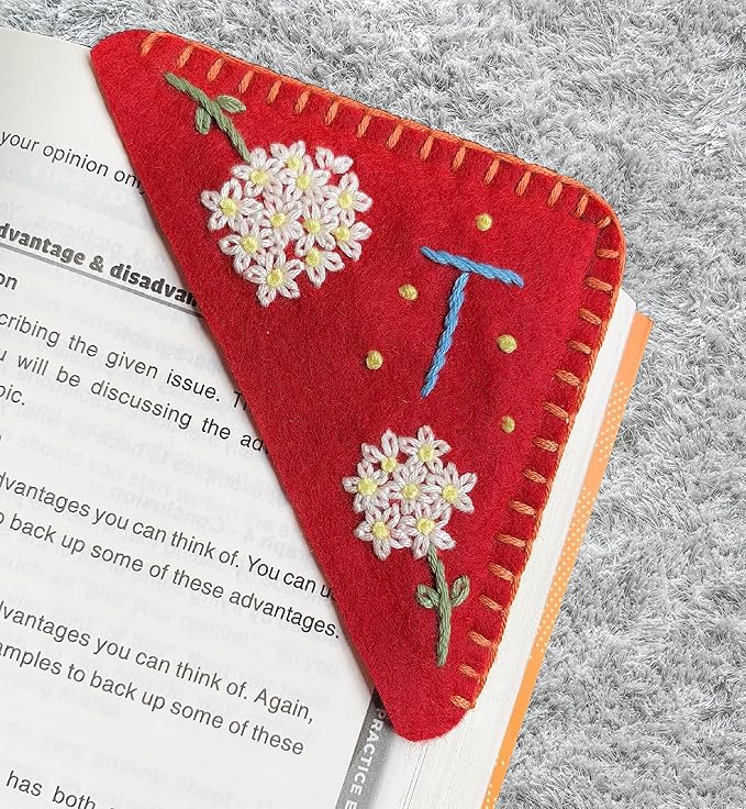 Personalized Hand Embroidered Corner Bookmark, Cute Flower Book Mark, Hand Stitch Gift for Women Book Lovers by HNQCPCVU (T, RED)