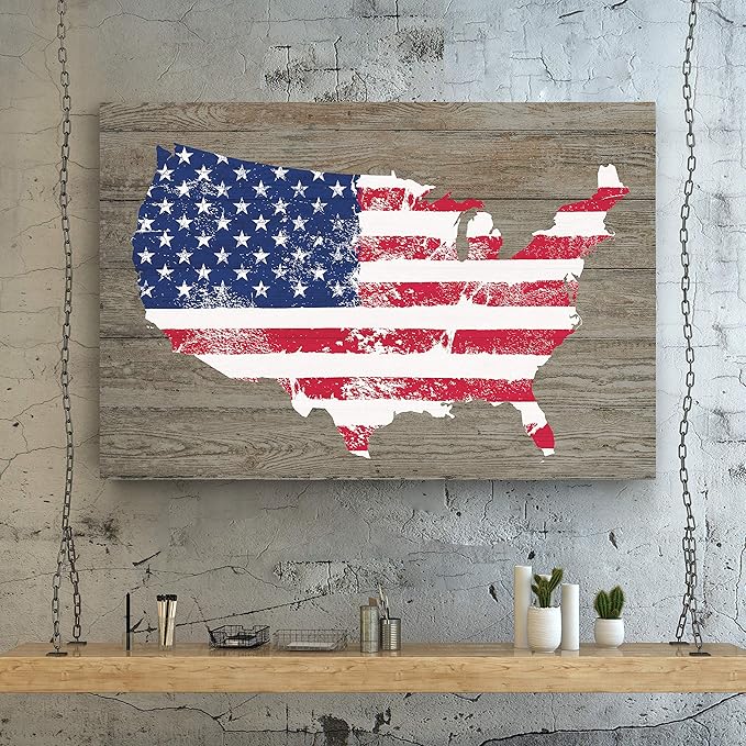Renditions Gallery Canvas Nationalist Wall Art Home Paintings & Prints Artwork Vintage American Faded Map Modern Patriotic Canvas Pride Decorations for Bedroom Office Kitchen - 16"x20" LT25