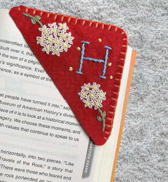 Personalized Hand Embroidered Corner Bookmark, Cute Flower Book Mark, Hand Stitch Gift for Women Book Lovers by HNQCPCVU (H, RED)
