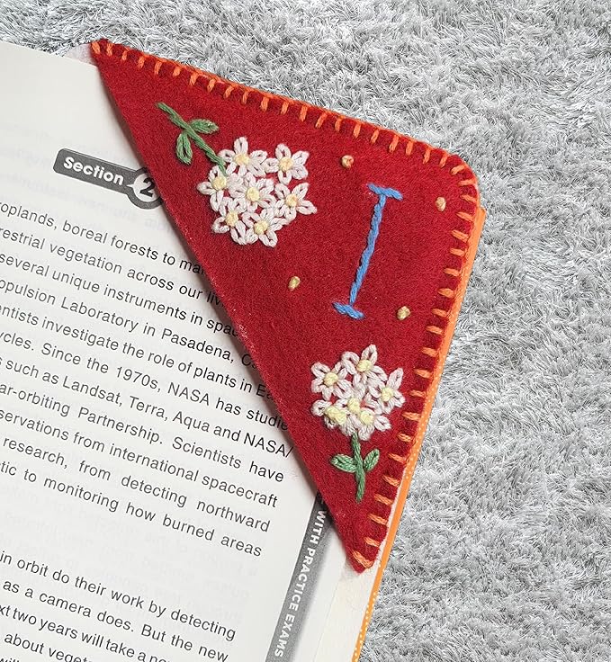 Personalized Hand Embroidered Corner Bookmark, Cute Flower Book Mark, Hand Stitch Gift for Women Book Lovers by HNQCPCVU (I, RED)