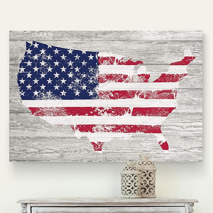 Renditions Gallery Canvas Patriotic Wall Art Home Paintings & Prints Faded Vintage American Flag Rustic Nationalistic Canvas Pride Decorations for Bedroom Office Kitchen - 16"x20" LT25