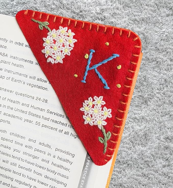 Personalized Hand Embroidered Corner Bookmark, Cute Flower Book Mark, Hand Stitch Gift for Women Book Lovers by HNQCPCVU (K, RED)