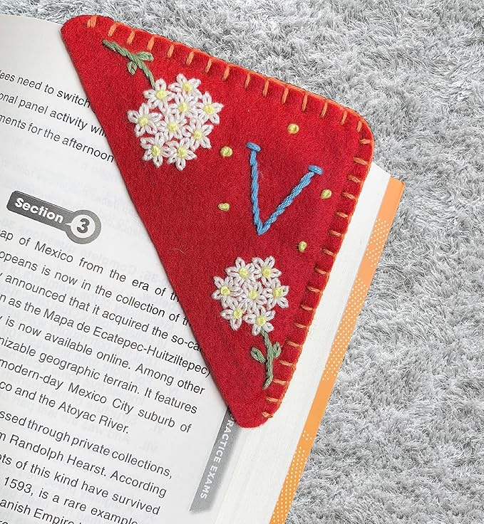 Personalized Hand Embroidered Corner Bookmark, Cute Flower Book Mark, Hand Stitch Gift for Women Book Lovers by HNQCPCVU (V, RED)