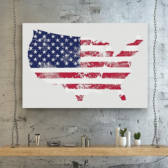 Renditions Gallery Canvas Patriotic Wall Art Home Paintings & Prints Vintage Faded American Flag Glam Modern White American Map Decorations for Bedroom Office Kitchen - 36"x48" LT25