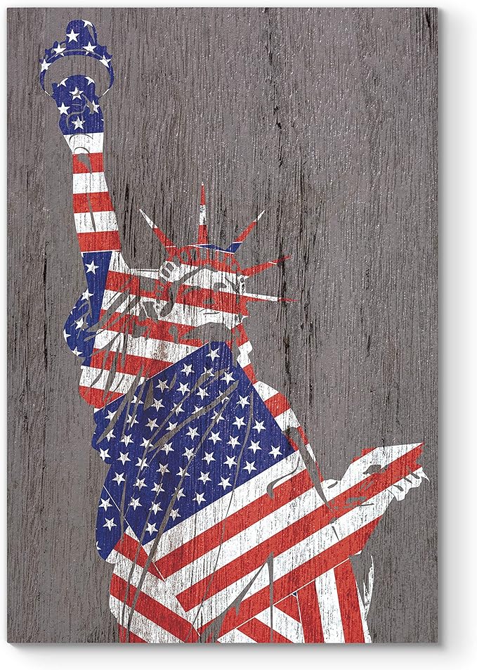 Renditions Gallery Canvas Wall Art Home Paintings & Prints Artwork Flag Draped Liberty Statue Glam Patriotic Modern Wall Hanging Decorations for Dining Room Office Kitchen - 16"x20" LT25