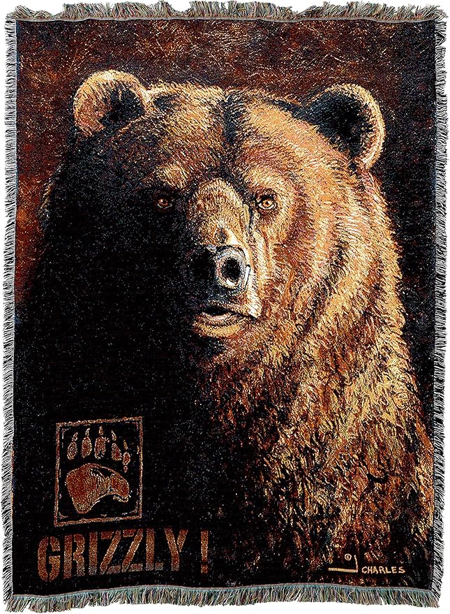 Pure Country Weavers Shadow Beast Grizzly Bear Blanket by Greg Giordano - Wildlife Lodge Cabin Gift Tapestry Throw Woven from Cotton - Made in The USA (72x54)