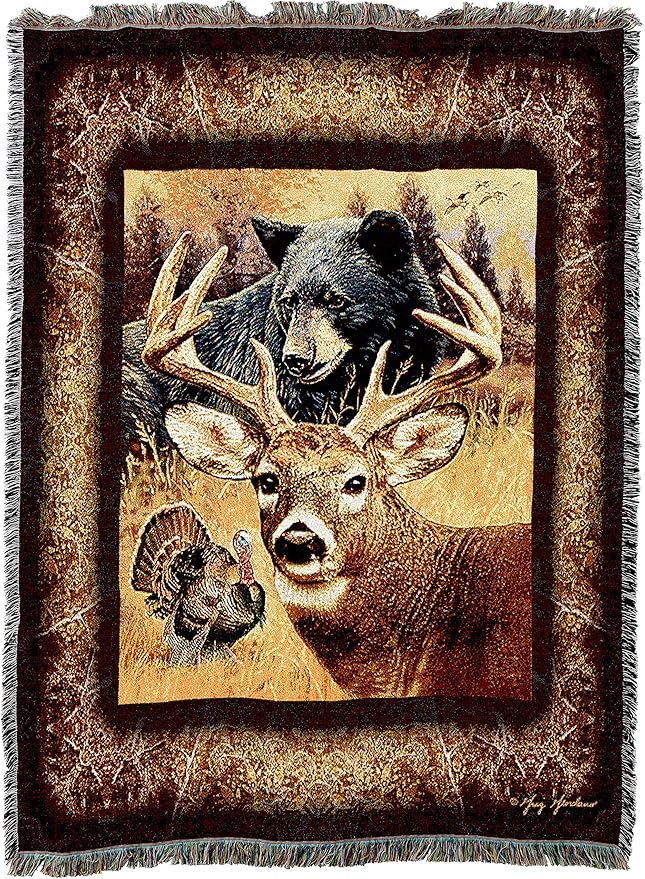 Pure Country Weavers Hunter's Dream Blanket by Greg Giordano - Deer Buck Turkey Bear Wildlife Lodge Cabin Gift Tapestry Throw Woven from Cotton - Made in The USA (72x54)