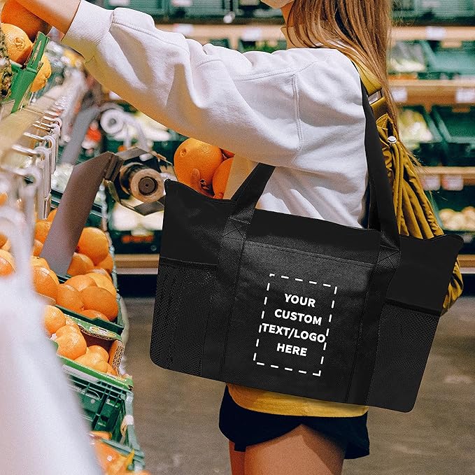 DISCOUNT PROMOS 100 Zippered Non-Woven Tote Bags Set - Customizable Text, Logo - Mesh Pocket, Zippered, Recyclable, Reusable - Black - 19"X14"X3", with Zipper