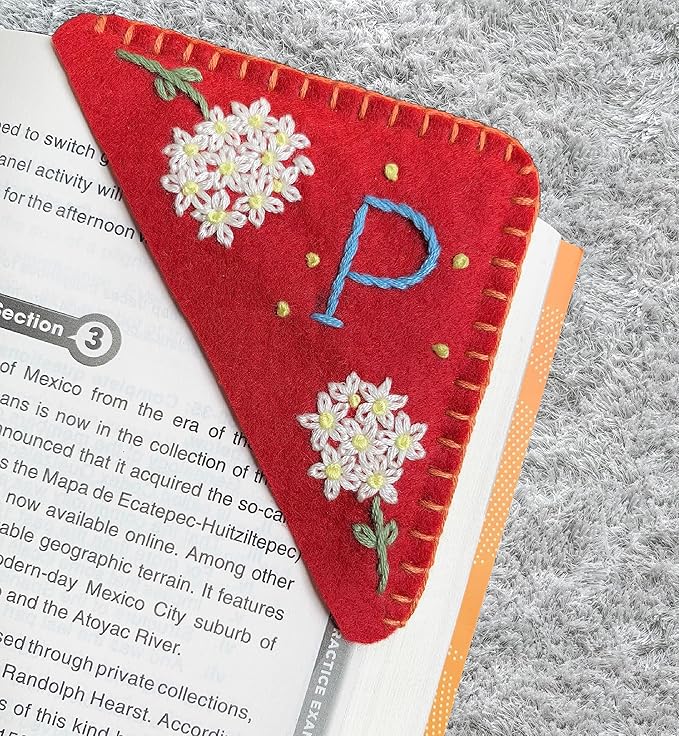 Personalized Hand Embroidered Corner Bookmark, Cute Flower Book Mark, Hand Stitch Gift for Women Book Lovers by HNQCPCVU (P, RED)