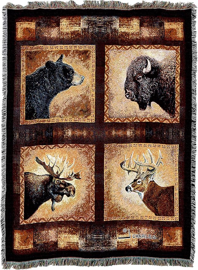 Pure Country Weavers Big Game Heads Blanket by Greg Giordano - Bear Bison Elk Deer Wildlife Lodge Cabin Gift Tapestry Throw Woven from Cotton - Made in The USA (72x54)