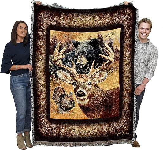 Pure Country Weavers Hunter's Dream Blanket by Greg Giordano - Deer Buck Turkey Bear Wildlife Lodge Cabin Gift Tapestry Throw Woven from Cotton - Made in The USA (72x54)
