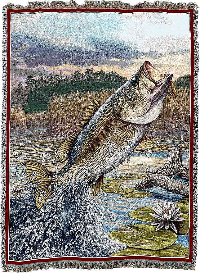 Pure Country Weavers First Strike Bass Blanket - Lake Wildlife Lodge Cabin Gift Tapestry Throw Woven from Cotton - Made in The USA (72x54)