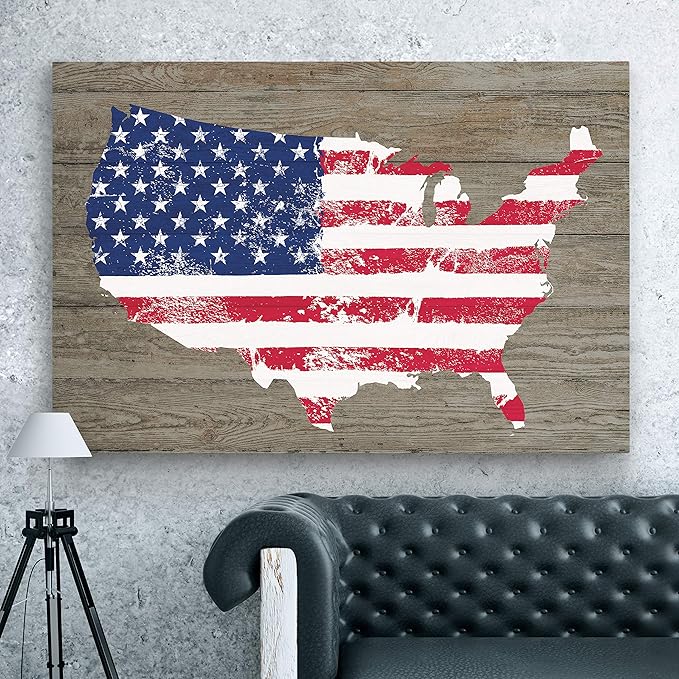 Renditions Gallery Canvas Nationalist Wall Art Home Paintings & Prints Artwork Vintage American Faded Map Modern Patriotic Canvas Pride Decorations for Bedroom Office Kitchen - 24"x32" LT25