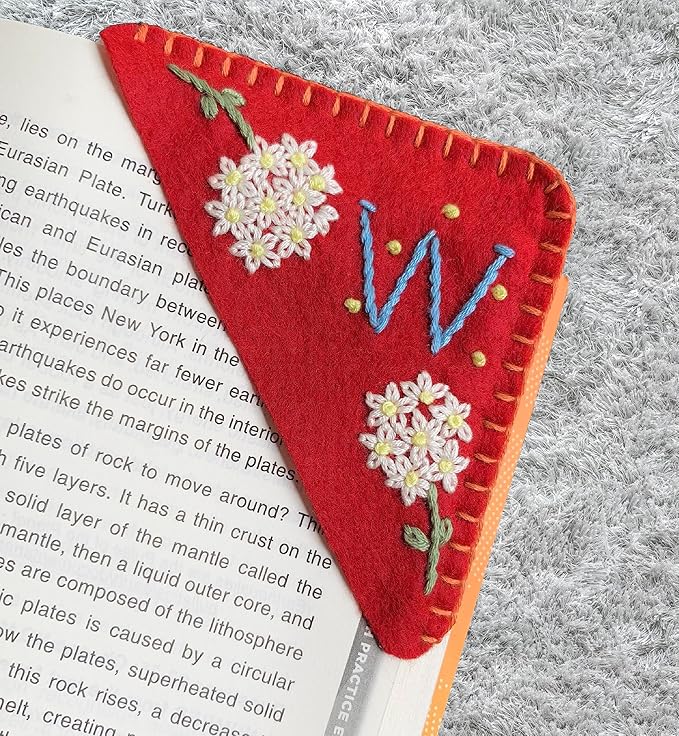 Personalized Hand Embroidered Corner Bookmark, Cute Flower Book Mark, Hand Stitch Gift for Women, Book Lovers by HNQCPCVU (W, RED)